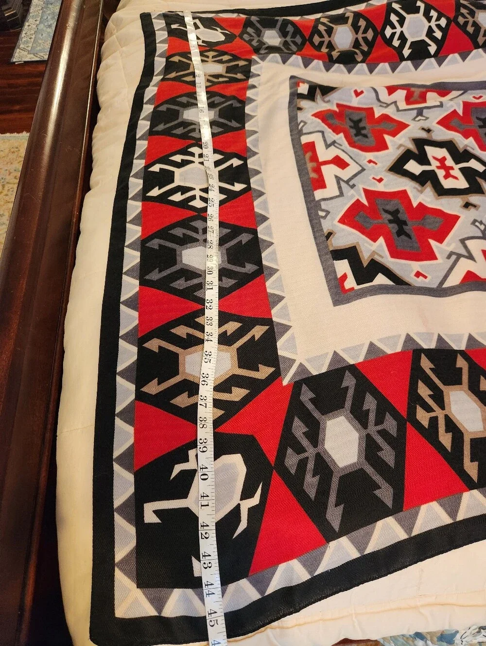 Vintage Southwestern Print Scarf, Red, Black White, Aztec 46 Inch Square EUC